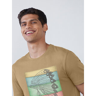                       Men Light Brown Logo typographic printed basic cotton T-shirt                                              