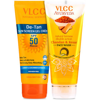                       VLCC De Tan SPF 50 PA+++ Sun Screen Gel Crme -100 g  Ayurveda Chandan  Kesar Face Wash -100 ml (Pack of 2)                                              