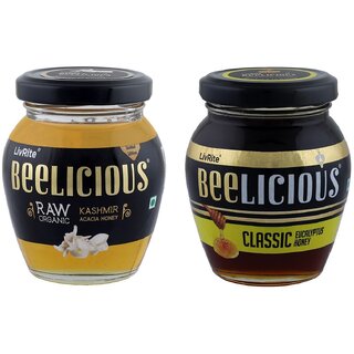                       Beelicious Raw Organic Kashmir Acacia Honey  Classic Eucalyptus Honey, Pack of 2, 250g Each                                              