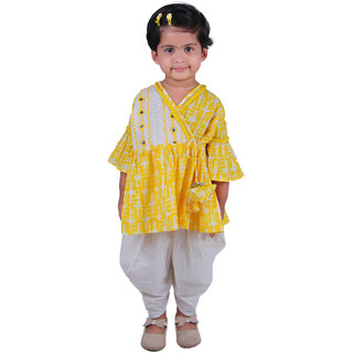                       Kid Kupboard Cotton Baby Girls Kurta and Dhoti Pant, Yellow and White, Full-Sleeves, V Neck, 2-3 Years KIDS4868                                              