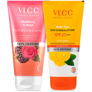                       VLCC Combo Kit - Mulberry & Rose Face Wash & Anti Tan Sunscreen SPF25 -150 ml (Pack of 2)                                              
