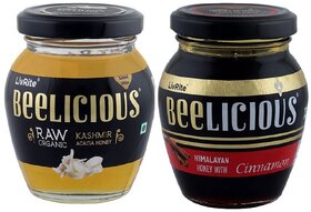 Beelicious Raw Organic Kashmir Acacia Honey  Himalayan Honey with Cinnamon, Pack of 2, 250g Each