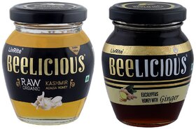 Beelicious Raw Organic Kashmir Acacia Honey  Eucalyptus Honey with Ginger, Pack of 2, 250g Each