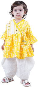 Kid Kupboard Cotton Baby Girls Kurta and Dhoti Pant Set, Yellow and White, Full-Sleeves, V Neck, 1-2 Years KIDS4914