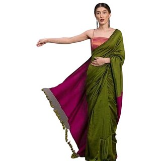                       BRYNBRIT Fancy Cotton handloom Saree With Blouse Piece for Women (Dark Green)                                              