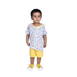                       Kid Kupboard Cotton Baby Boys T-Shirt and Short, White and Yellow, Half-Sleeves, Crew Neck, 1-2 Years KIDS4871                                              