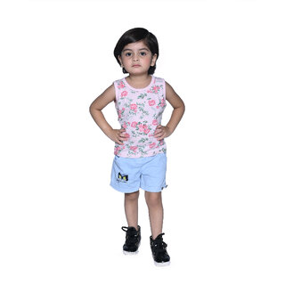                       Kid Kupboard Cotton Baby Girls T-Shirt and Short, Multicolor, Sleeveless, Crew Neck, 3-4 Years KIDS4878                                              