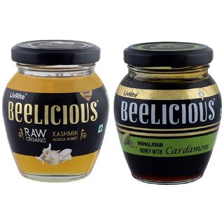 Beelicious Raw Organic Kashmir Acacia Honey  Himalayan Honey with Cardamom, Pack of 2, 250g Each