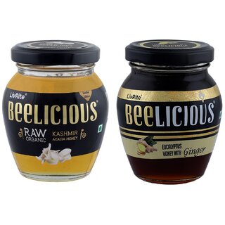 Beelicious Raw Organic Kashmir Acacia Honey  Eucalyptus Honey with Ginger, Pack of 2, 250g Each