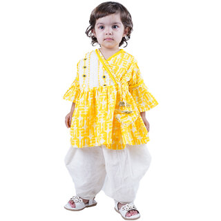                       Kid Kupboard Cotton Baby Girls Kurta and Dhoti Pant Set, Yellow and White, Full-Sleeves, V Neck, 1-2 Years KIDS4914                                              