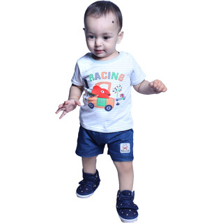                       Kid Kupboard Cotton Baby Boys T-Shirt and Short, White and Blue, Half-Sleeves, Crew Neck, 12-18 Months KIDS4936                                              