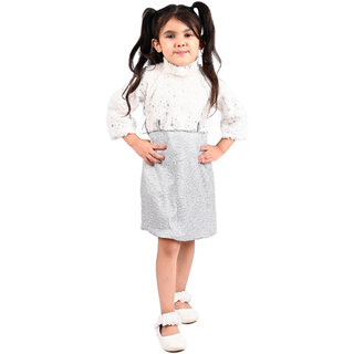                       Kid Kupboard Cotton Girls Dress, White and Grey, Full-Sleeves, Crew Neck, 7-8 Years KIDS4949                                              