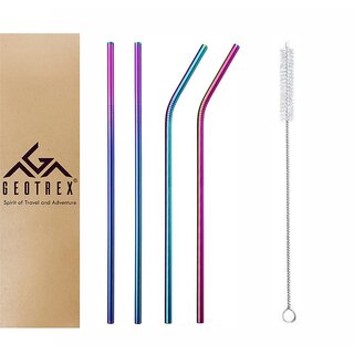 Geotrex Reusable Stainless Steel Straws 8.5 inches, Set of 4 (2 Bent,2 Straight,1 Cleaner) - Rainbow Color
