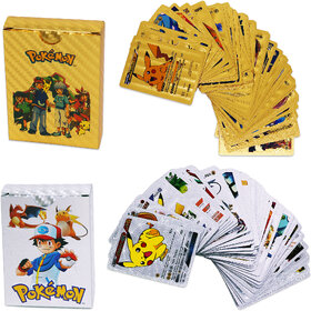 Aseenaa Pokemon Cards 55 Pcs Waterproof Foil TCG Deck Box V Series Vmax Gx Playing Cards  Set of 2, Golden, Silver