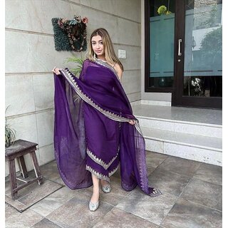                       Bhagyashray Women Purple Kurta, Pant And Dupatta Set                                              