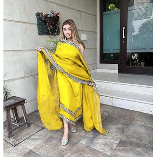                       Bhagyashray Women Yellow Kurta, Pant And Dupatta Set                                              