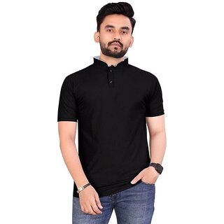                       Bhagyashray Solid Men Mandarin Collar Black T-Shirt                                              