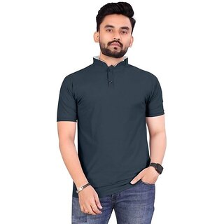                       Bhagyashray Solid Men Mandarin Collar Grey T-Shirt                                              