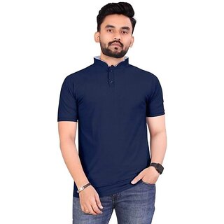                       Bhagyashray Solid Men Mandarin Collar Navy Blue T-Shirt                                              