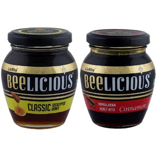 Beelicious Classic Eucalyptus Honey And Himalayan Honey with Cinnamon, Pack of 2, 250g Each