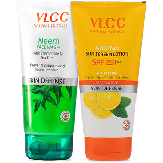                       VLCC Combo Kit - Neem Face Wash & Anti Tan Sunscreen SPF 25 -150 ml (Pack of 2)                                              