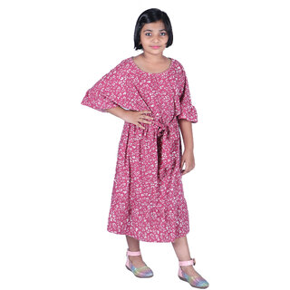                       Kid Kupboard Cotton Girls Solid Dress, Dark Pink, Half-Sleeves, Crew Neck, 9-10 Years KIDS5024                                              