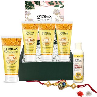 Globus Naturals De-Tan Rakhi Gift Box - For Brother and Sister - Set of 5, Face wash, Face Cream, Face Scrub, Face Pack, Sunscreen Lotion Globus Naturals De-Tan Rakhi Gift Box - For Brother and Sister - Set of 5, Face wash, Face Cream, Face Scrub, Face Pack, Sunscreen Lotion
