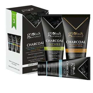                       Globus Naturals Charcoal Detox  Set of 3, Face wash, Face Scrub, Peel off Mask                                              