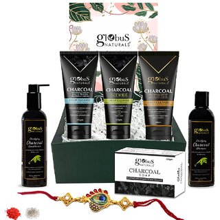                       Globus Naturals Charcoal Detox Rakhi Gift Box - For Brother and Sister - Set of 6, Face wash, Face Scrub, Face Peel Off Mask, Shampoo, Conditioner & Soap Bar                                              