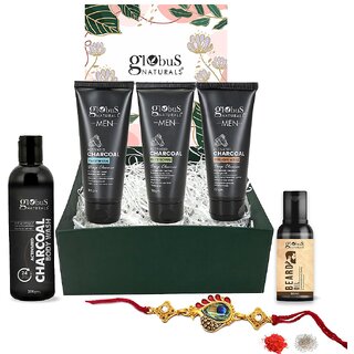                       Globus Naturals Charcoal Men Rakhi Gift Box Set of 5 - An Assorted Gift for your Brother - Beard Oil, Face Wash, Face Scrub, Peel Off Mask & Body Wash                                              