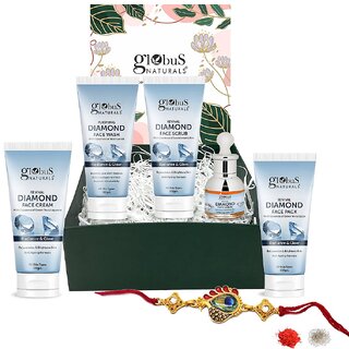                       Globus Naturals Diamond Rakhi Gift Box For Brother & Sister Set of 5, Face Wash, Face Cream, Face Scrub, Face Pack, & Face Serum                                              