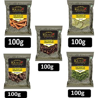                       BLK FOODS Whole Spice combo 500g |Clove, Cassia roll, Badi Elachi, Bayleaf, Kasuri Methi (5 x 100 g)                                              