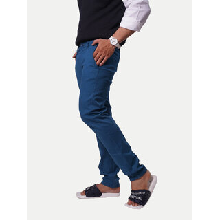                       Men Solid Cotton Blue Chinos Trousers                                              