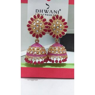                      Beautiful Wedding Design Kundan Stone Mirror Work Jhumka Earring Lightpink Color                                              
