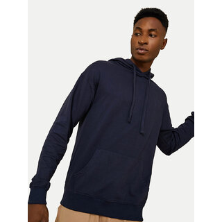                       Men Solid  Navy Cotton Jersey Hoodie with Pockets                                              