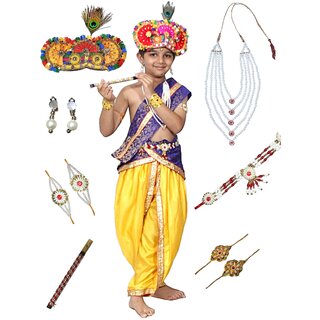                       Krishna Fancy Costume for Boys (Blue Dhoti, Patka, Belt, Mukut, Mala, Bansuri)                                              