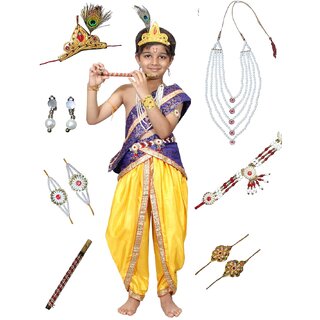                       Krishna Fancy Costume for Boys (Blue Dhoti, Patka, Belt, Mukut, Mala, Bansuri)                                              