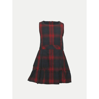                      Red A-line Pleated-dress with Checks                                              