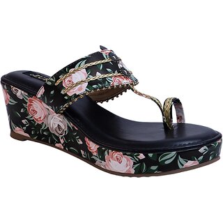                       OZURI Women's One Toe Floral Printed Wedge Heel Sandals                                              