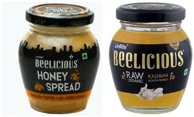 Beelicious Honey Spread - English Toffee (200g) And Raw Organic Kashmir Acacia Honey (250g), Pack of 2 Combo