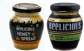 Beelicious Honey Spread - English Toffee (200g)And Himalayan Honey with Cardamom (250g), Pack of 2 Combo