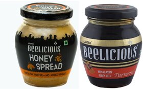 Beelicious Honey Spread - English Toffee (200g) And Himalayan Honey with Turmeric (250g), Pack of 2 Combo