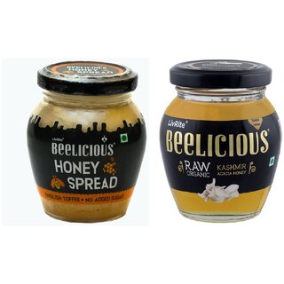 Beelicious Honey Spread - English Toffee (200g) And Raw Organic Kashmir Acacia Honey (250g), Pack of 2 Combo