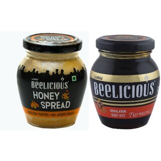                       Beelicious Honey Spread - English Toffee (200g) And Himalayan Honey with Turmeric (250g), Pack of 2 Combo                                              