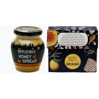                       Beelicious Honey Spread - English Toffee (200g) And Beelicious Honey SHOTZ (80g) Pack of 2 Combo                                              