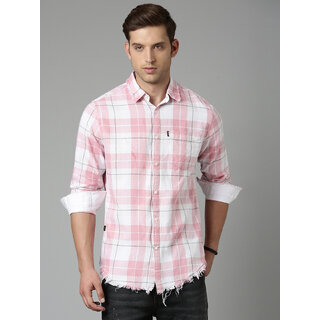                       OOKO KAKA Men Checkered Casual Pink Shirt                                              