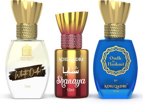 AdilQadri Luxury Roll-On Attar Pack of 3  Shanaya + White Oudh + Oudh Al Hashmi  12ml each  Alcohol Free