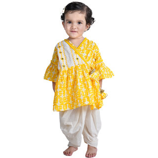                       Kid Kupboard Cotton Baby Girls Kurta and Dhoti Pant, Yellow and White, Full-Sleeves, 2-3 Years KIDS5129                                              