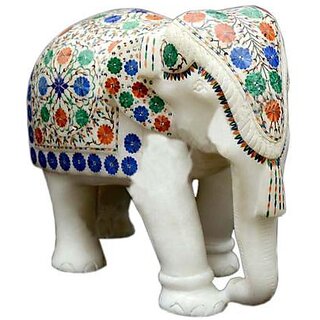                       Natural White Marble Inlay Elephant                                              