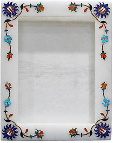 Tajmahal Inlay Art White Alabaster Marble Picture Frames Inlaid Semi Precious Stones (7x5 Inches)